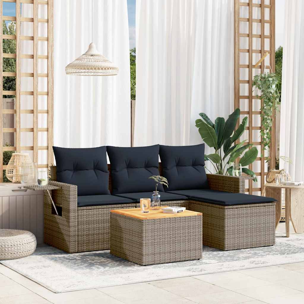 vidaXL 5-teiliges Gartensofa-Set mit Kissen, grau, Polyrattan