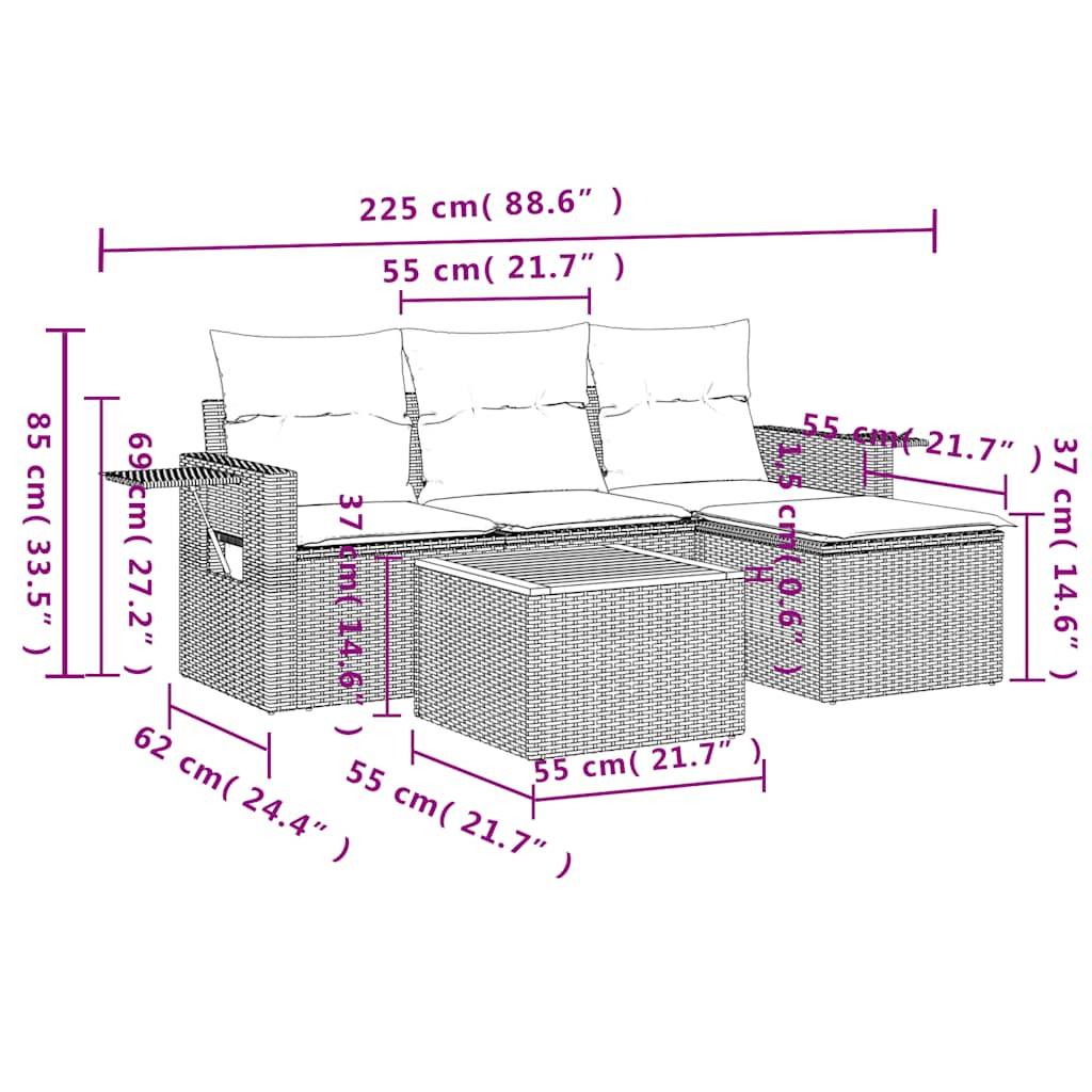 vidaXL 5-teiliges Gartensofa-Set mit Kissen, grau, Polyrattan