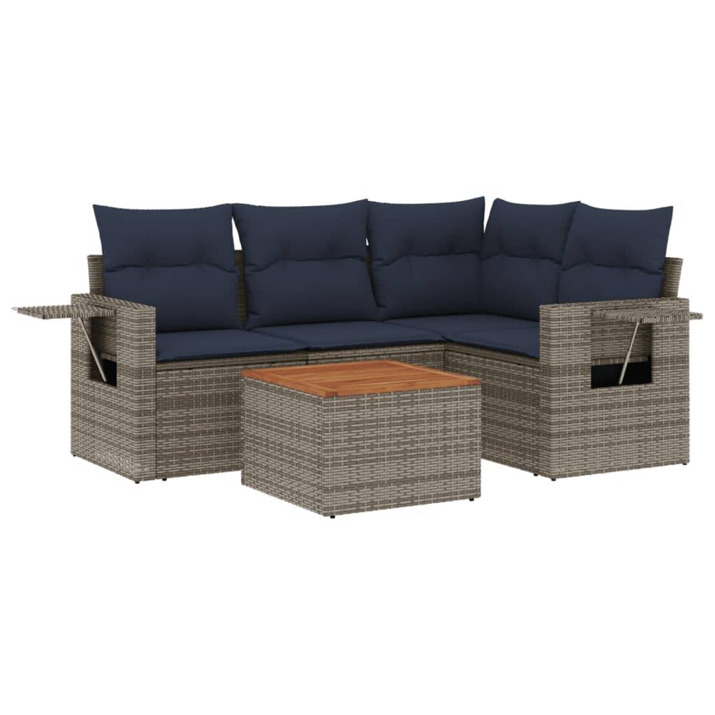 vidaXL 5-teiliges Gartensofa-Set mit Kissen, grau, Polyrattan