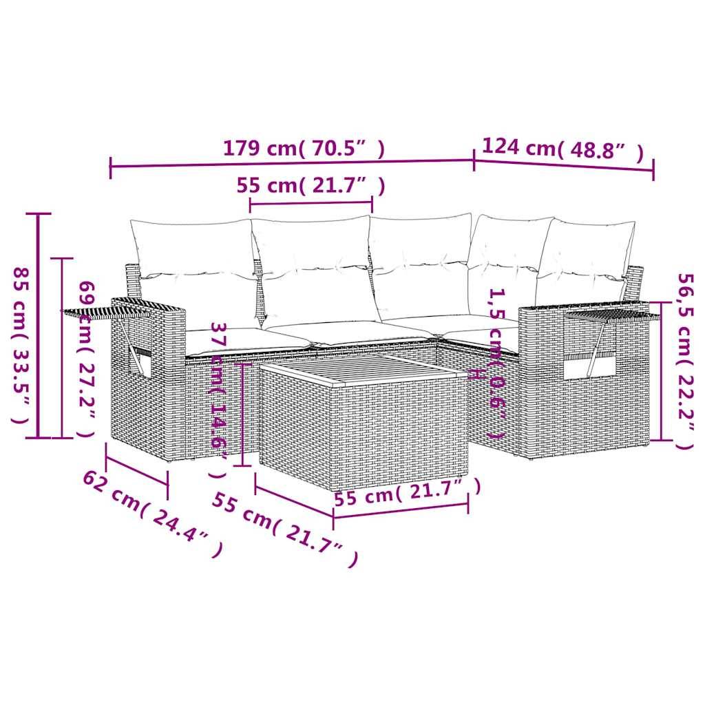 vidaXL 5-teiliges Gartensofa-Set mit Kissen, grau, Polyrattan