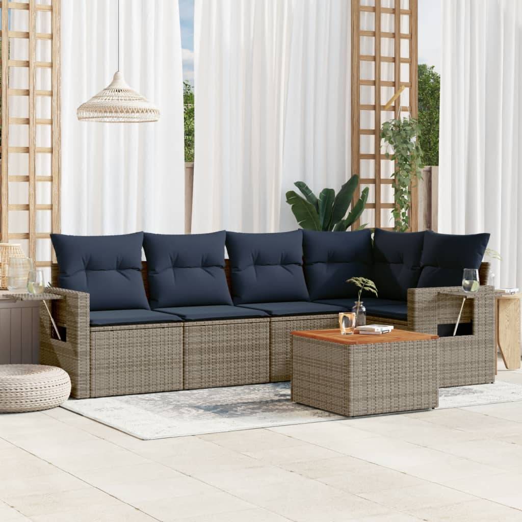 vidaXL 6-teiliges Gartensofa-Set mit Kissen, grau, Polyrattan