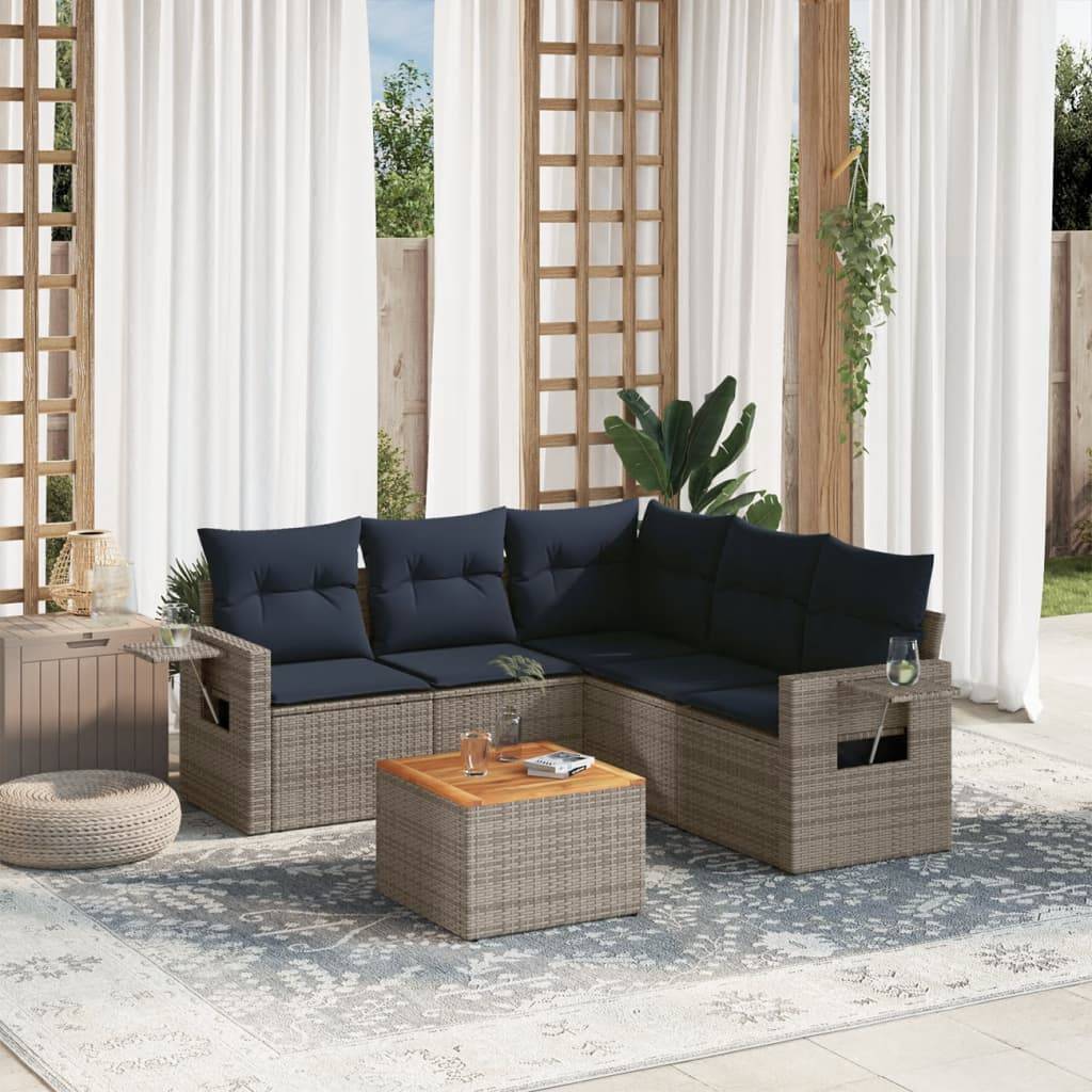 vidaXL 6-teiliges Gartensofa-Set mit Kissen, grau, Polyrattan