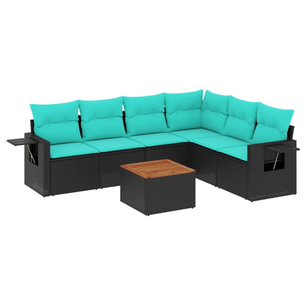 vidaXL 7-teiliges Gartensofa-Set mit Kissen, schwarzes Polyrattan