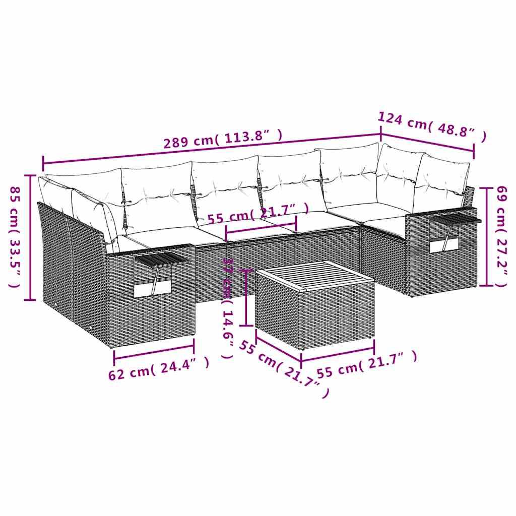 vidaXL 8-teiliges Gartensofa-Set mit Kissen, grau, Polyrattan