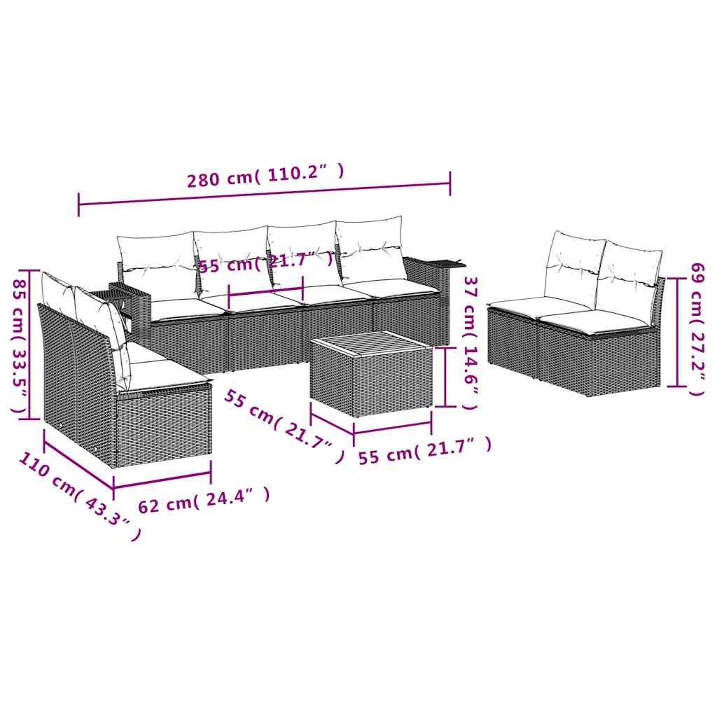 vidaXL 9-teiliges Gartensofa-Set mit Kissen, grau, Polyrattan
