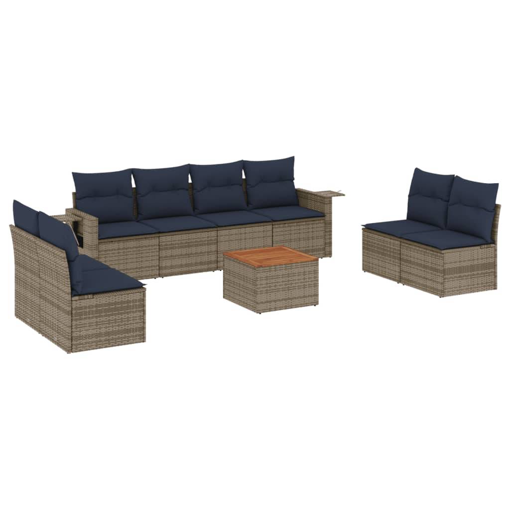 vidaXL 9-teiliges Gartensofa-Set mit Kissen, grau, Polyrattan
