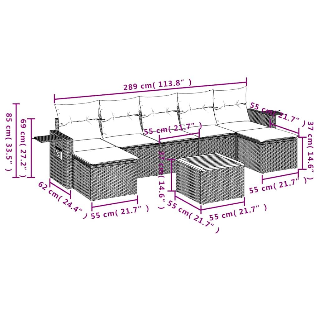 vidaXL 8-teiliges Gartensofa-Set mit Kissen, schwarzes Polyrattan