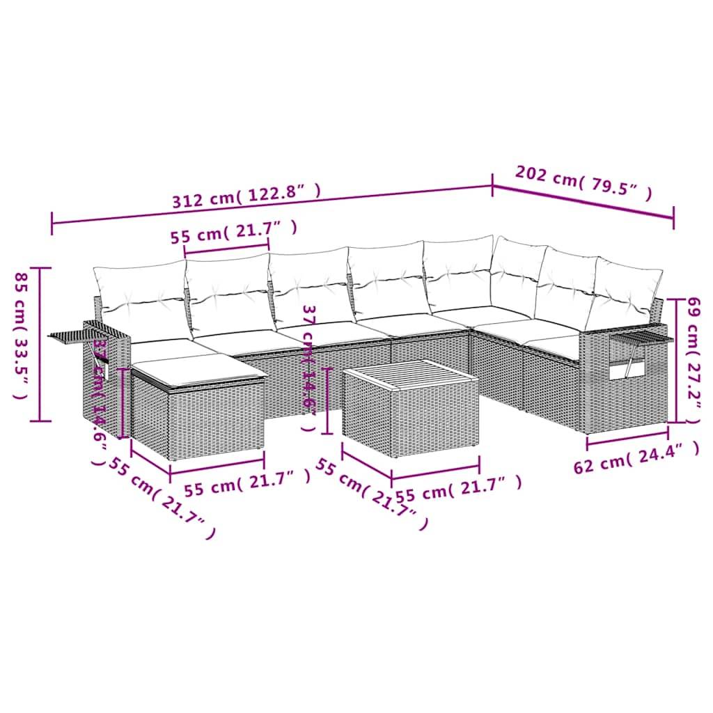 vidaXL 9-teiliges Gartensofa-Set mit Kissen, schwarzes Polyrattan
