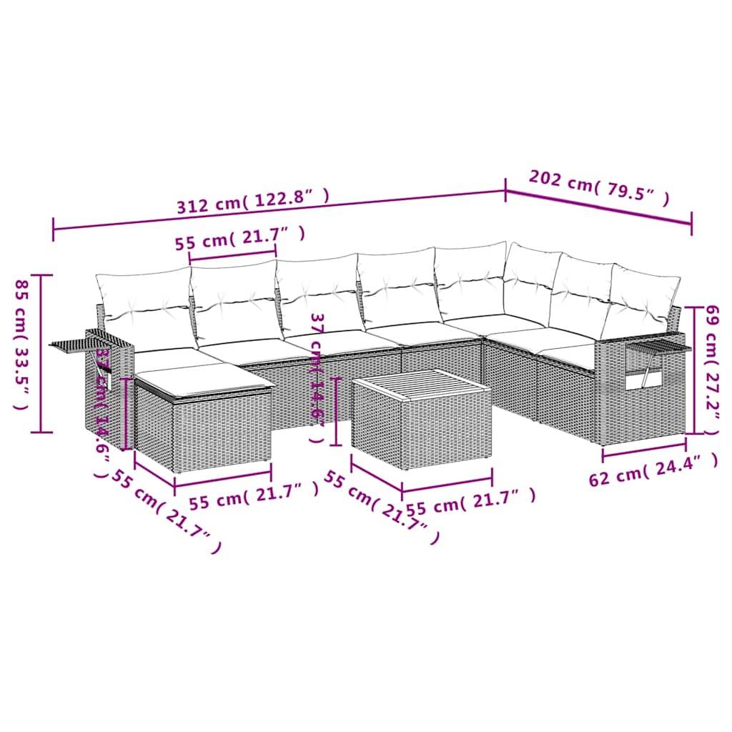 vidaXL 9-teiliges Gartensofa-Set mit Kissen, grau, Polyrattan