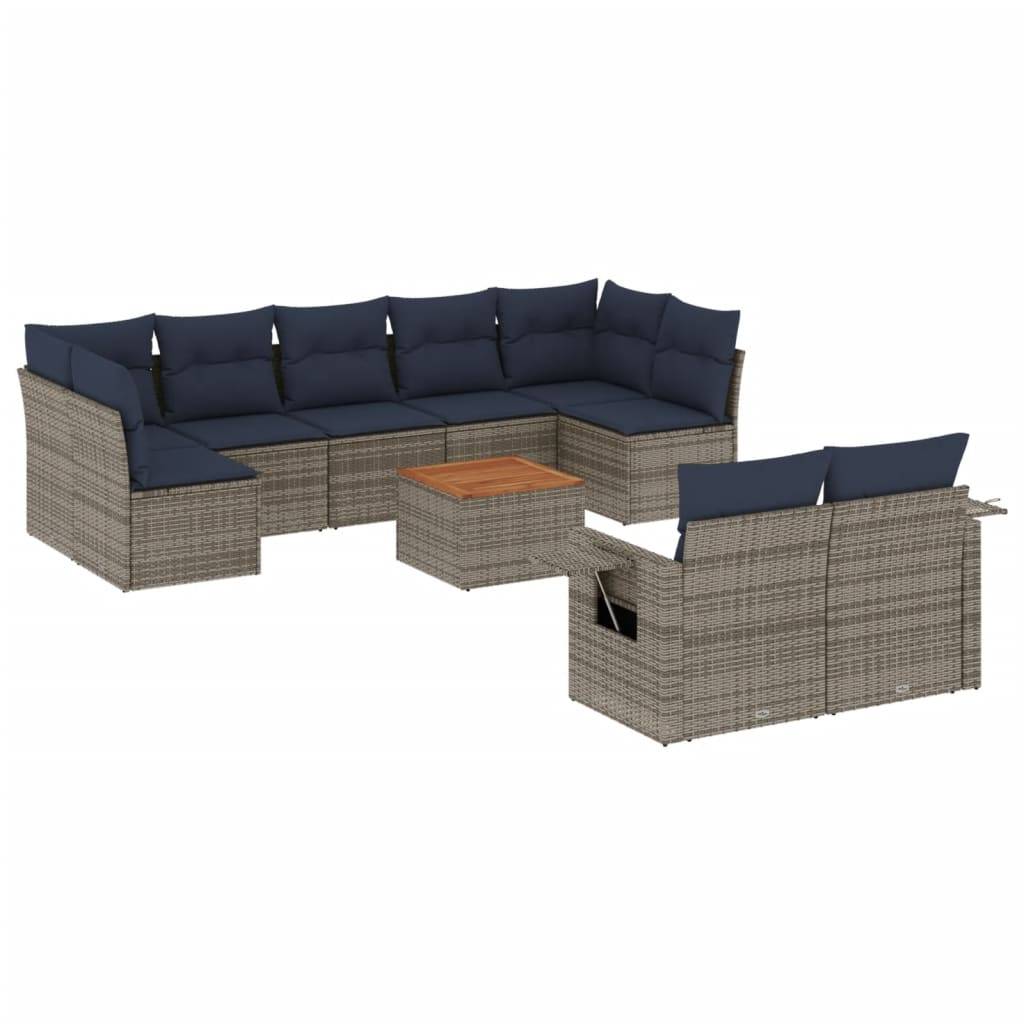 vidaXL 10-teiliges Gartensofa-Set mit Kissen, grau, Polyrattan
