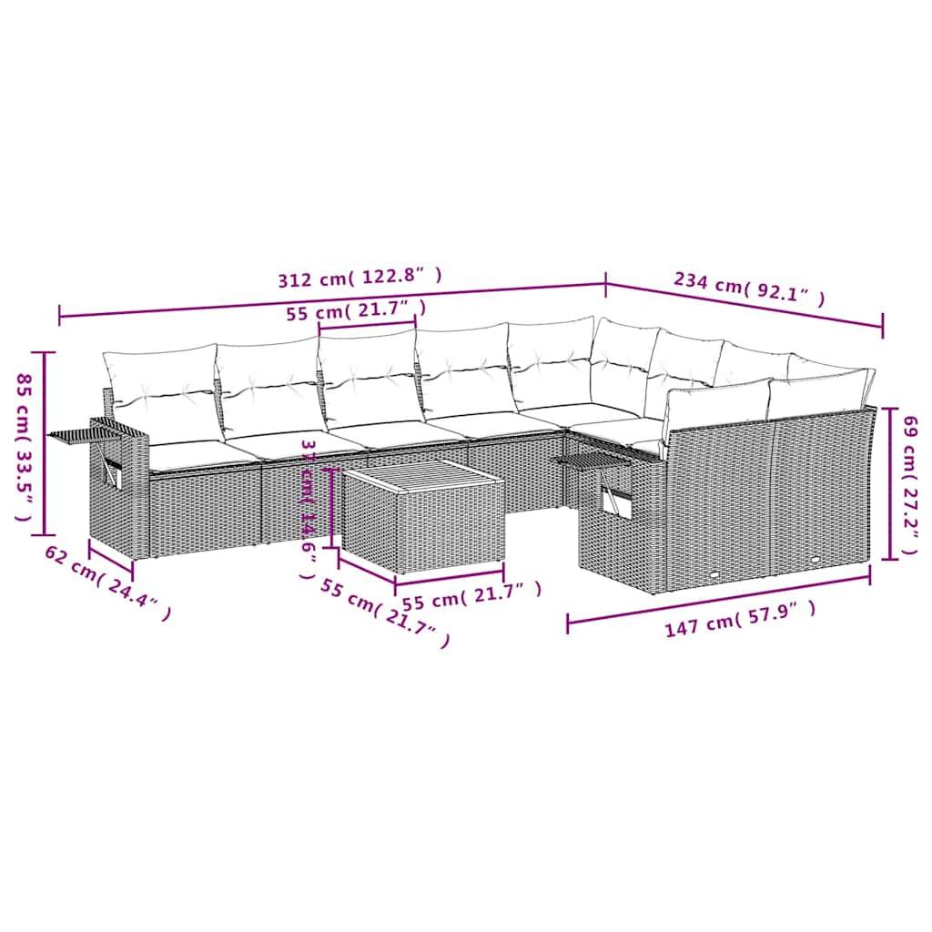 vidaXL 10-teiliges Gartensofa-Set mit Kissen, schwarzes Polyrattan