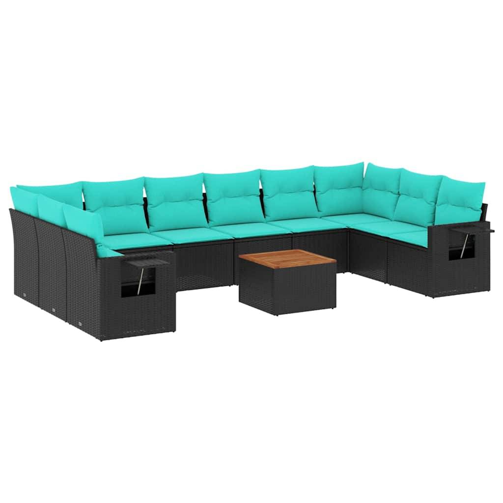 vidaXL 11-teiliges Gartensofa-Set mit Kissen, schwarzes Polyrattan