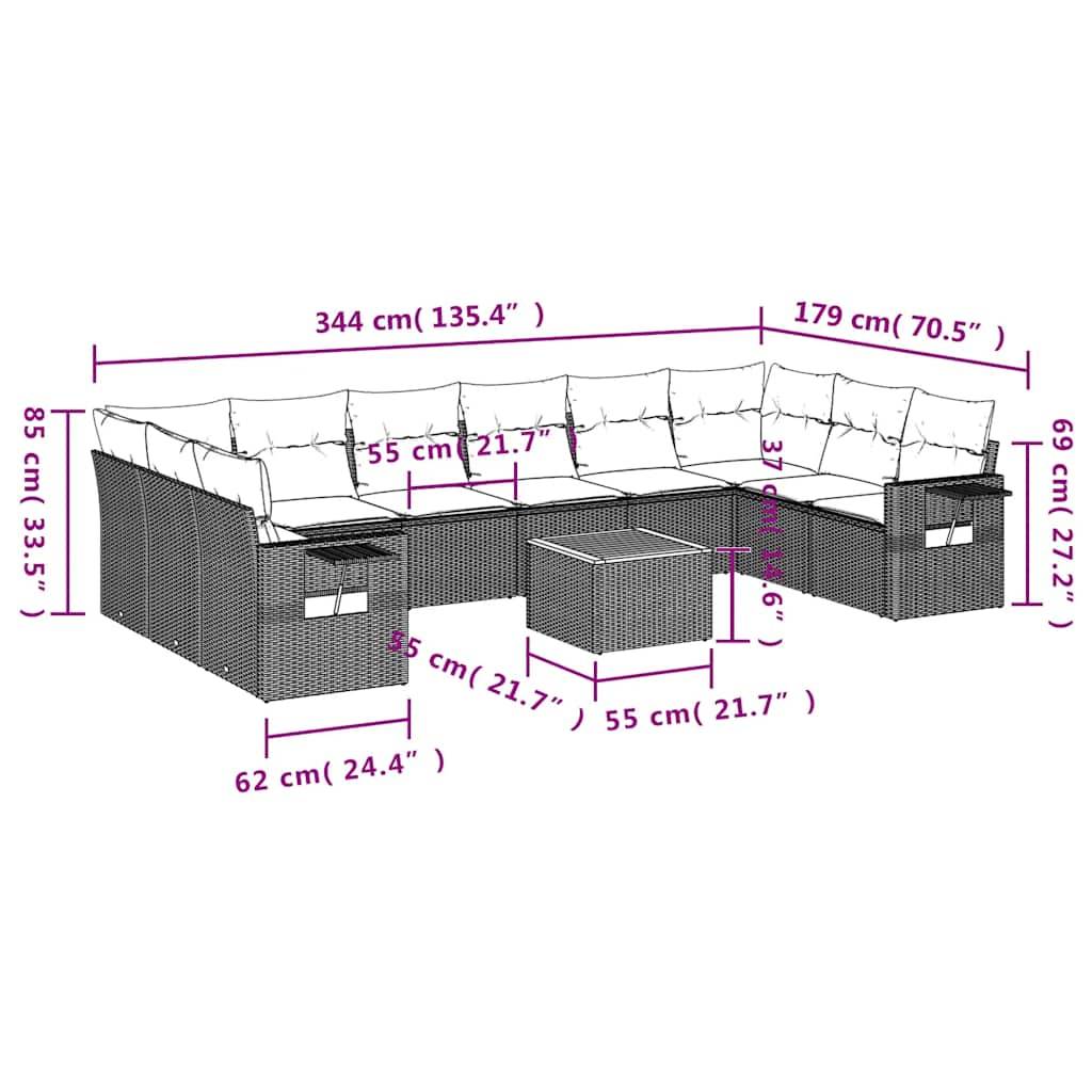 vidaXL 11-teiliges Gartensofa-Set mit Kissen, schwarzes Polyrattan