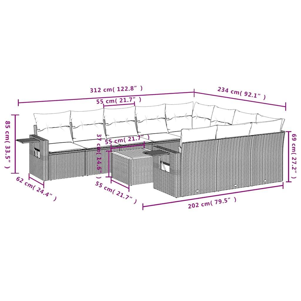vidaXL 11-teiliges Gartensofa-Set mit Kissen, schwarzes Polyrattan