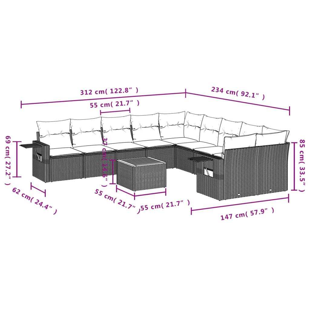vidaXL 11-teiliges Gartensofa-Set mit Kissen, schwarzes Polyrattan