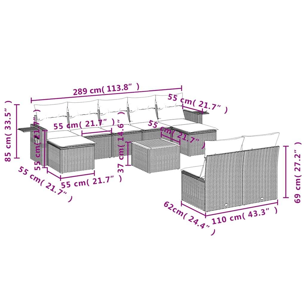 vidaXL 10-teiliges Gartensofa-Set mit Kissen, schwarzes Polyrattan