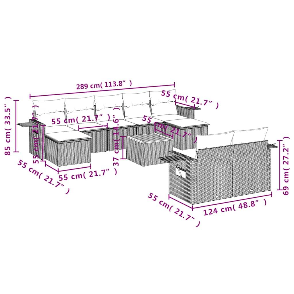 vidaXL 10-teiliges Gartensofa-Set mit Kissen, schwarzes Polyrattan