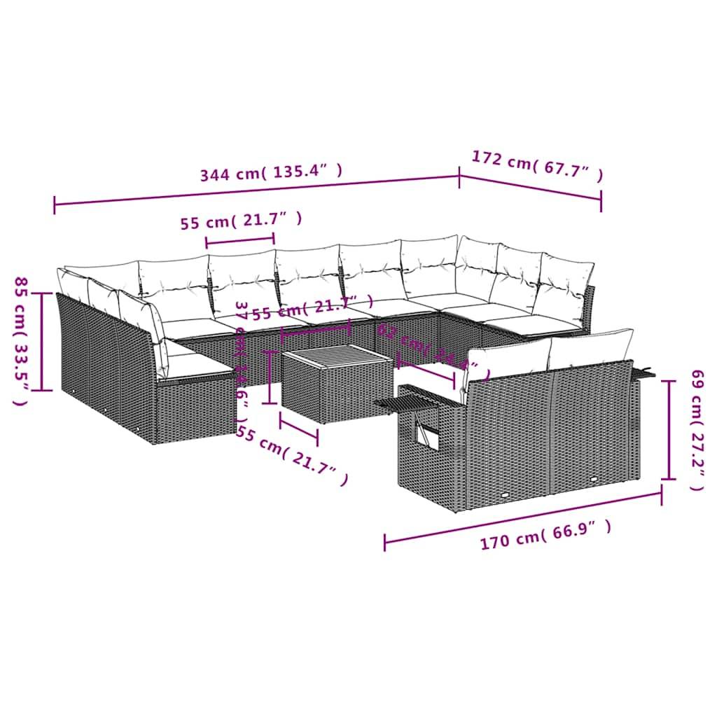 vidaXL 13-teiliges Gartensofa-Set mit Kissen, schwarzes Polyrattan