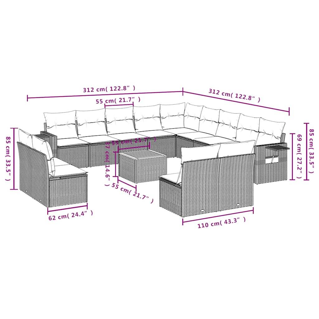 vidaXL 14-teiliges Gartensofa-Set mit Kissen, schwarzes Polyrattan