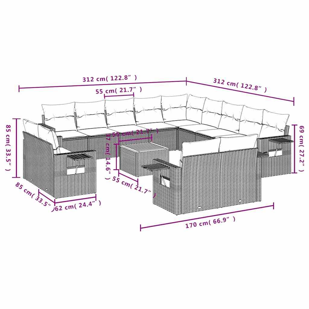 vidaXL 14-teiliges Gartensofa-Set mit Kissen, schwarzes Polyrattan