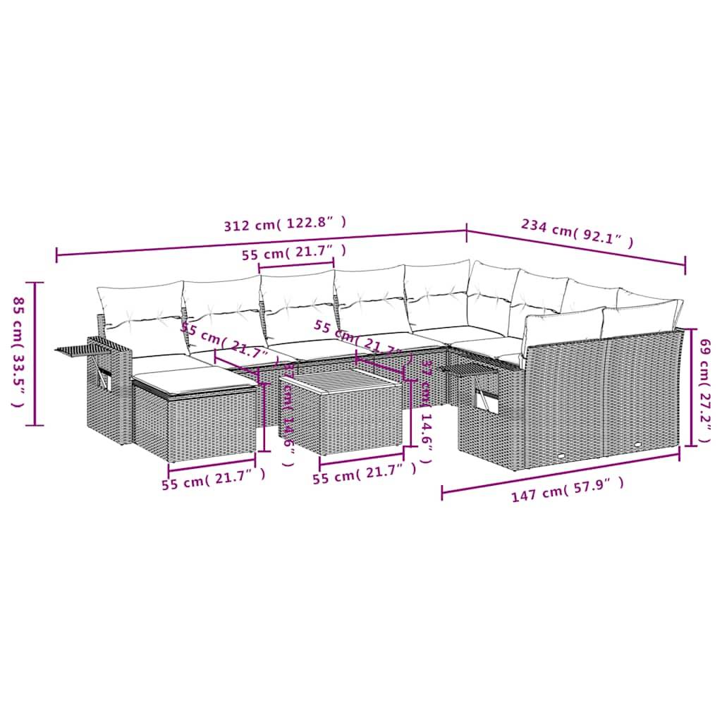 vidaXL 11-teiliges Gartensofa-Set mit Kissen, schwarzes Polyrattan