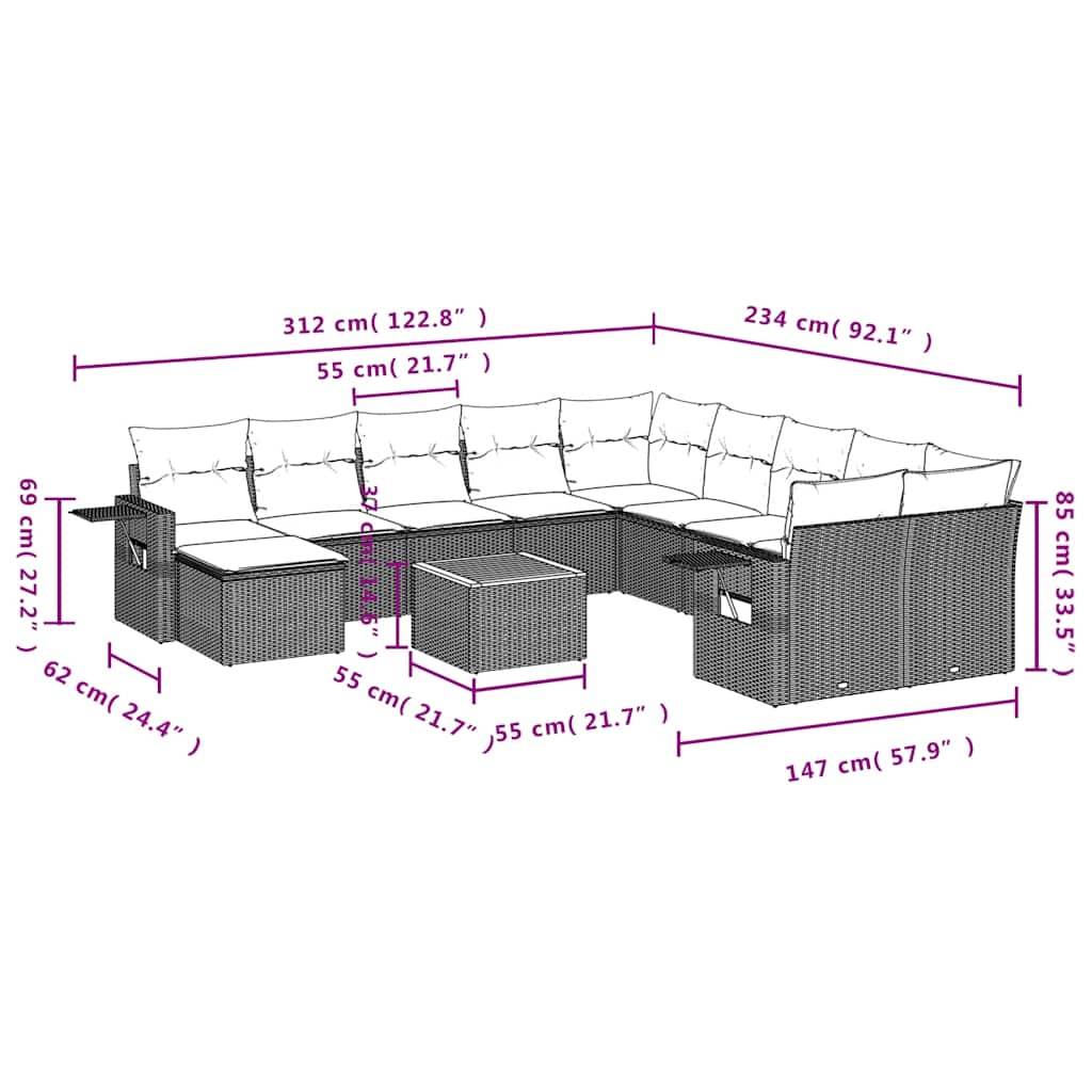 vidaXL 12-teiliges Gartensofa-Set mit Kissen, grau, Polyrattan