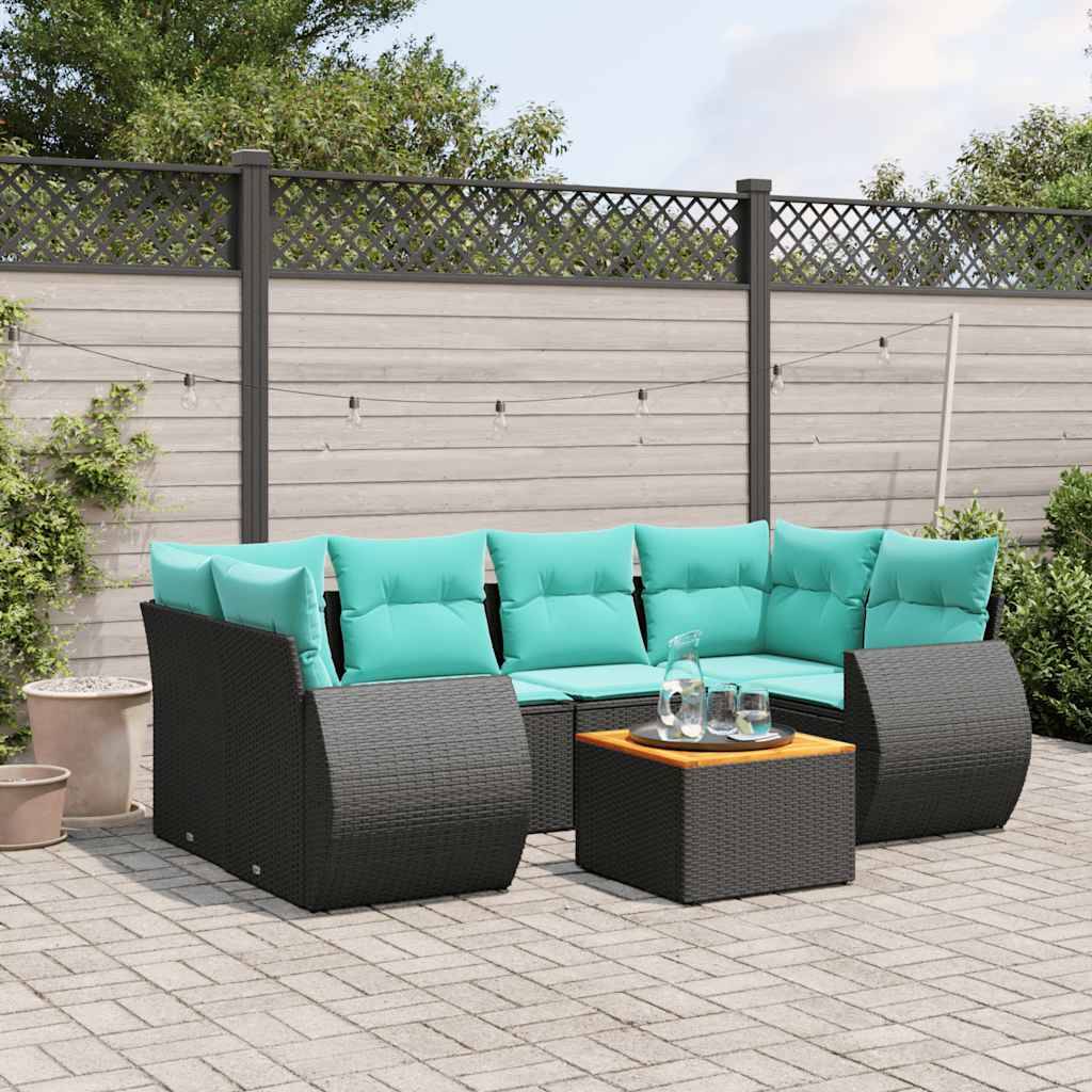 vidaXL 7-teiliges Gartensofa-Set mit Kissen, schwarzes Polyrattan