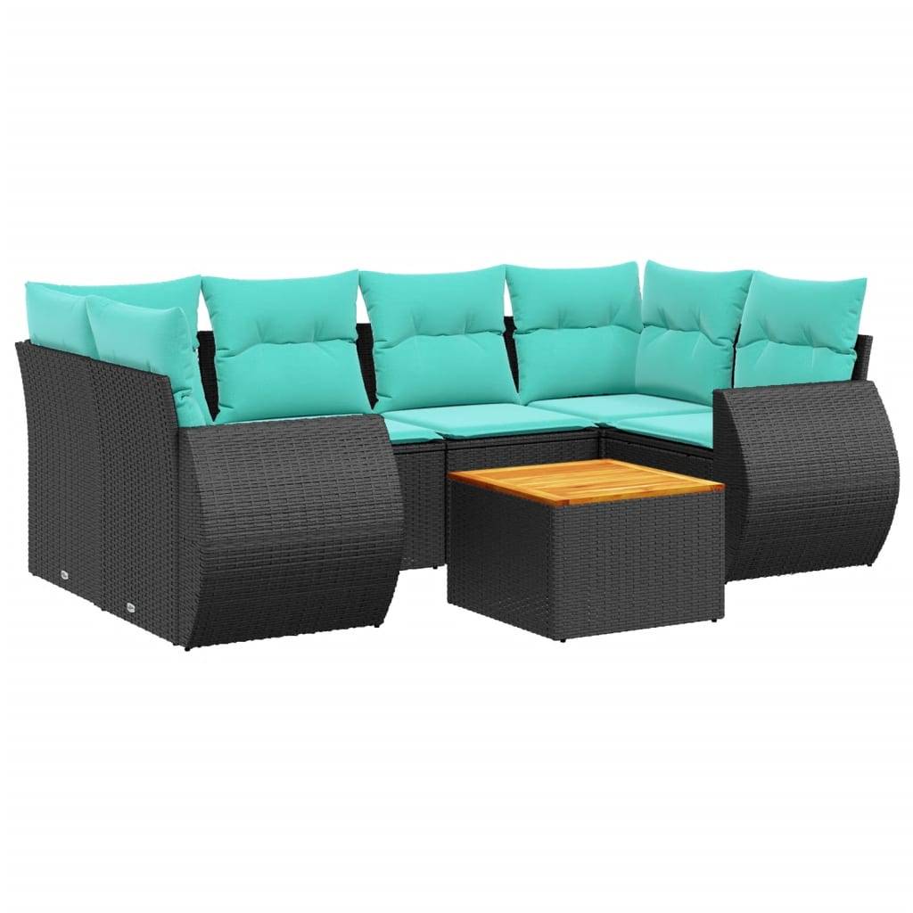 vidaXL 7-teiliges Gartensofa-Set mit Kissen, schwarzes Polyrattan