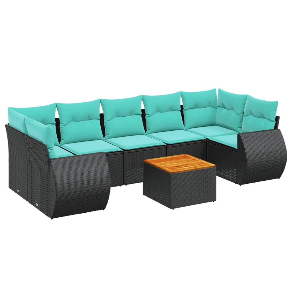 vidaXL 8-teiliges Gartensofa-Set mit Kissen, schwarzes Polyrattan