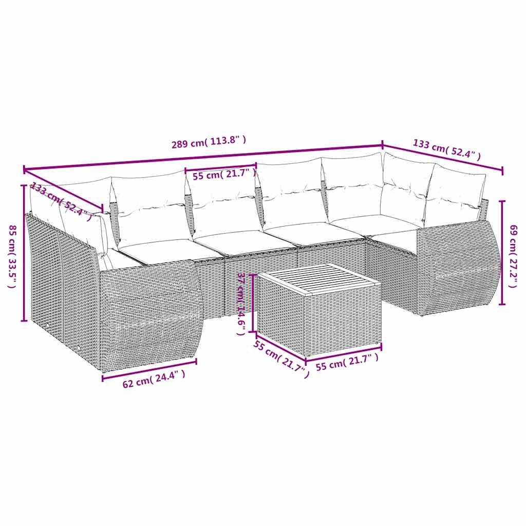 vidaXL 8-teiliges Gartensofa-Set mit Kissen, schwarzes Polyrattan