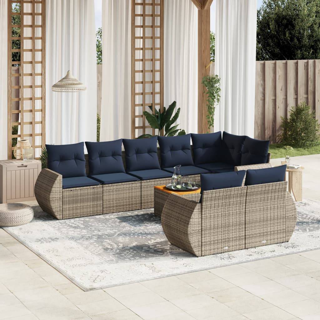 vidaXL 9-teiliges Gartensofa-Set mit Kissen, grau, Polyrattan