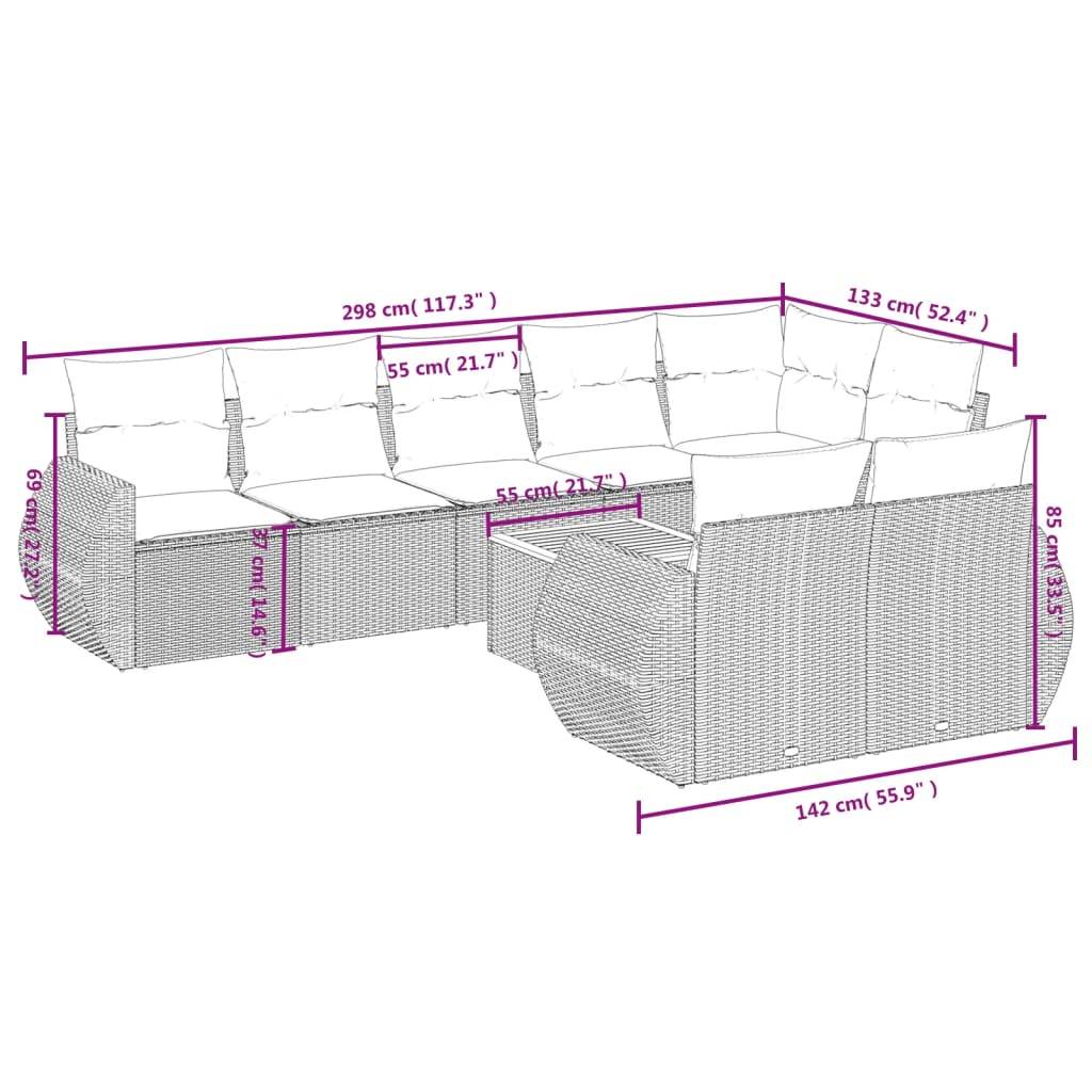 vidaXL 9-teiliges Gartensofa-Set mit Kissen, grau, Polyrattan
