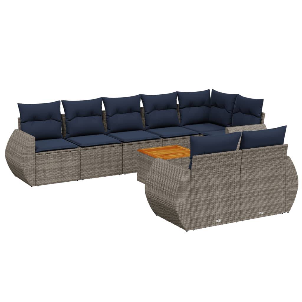 vidaXL 9-teiliges Gartensofa-Set mit Kissen, grau, Polyrattan