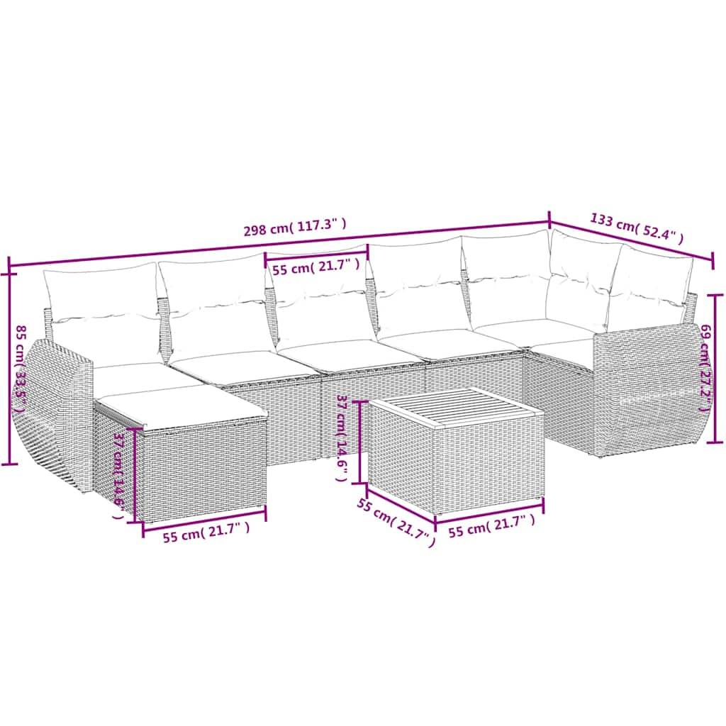 vidaXL 8-teiliges Gartensofa-Set mit Kissen, schwarzes Polyrattan