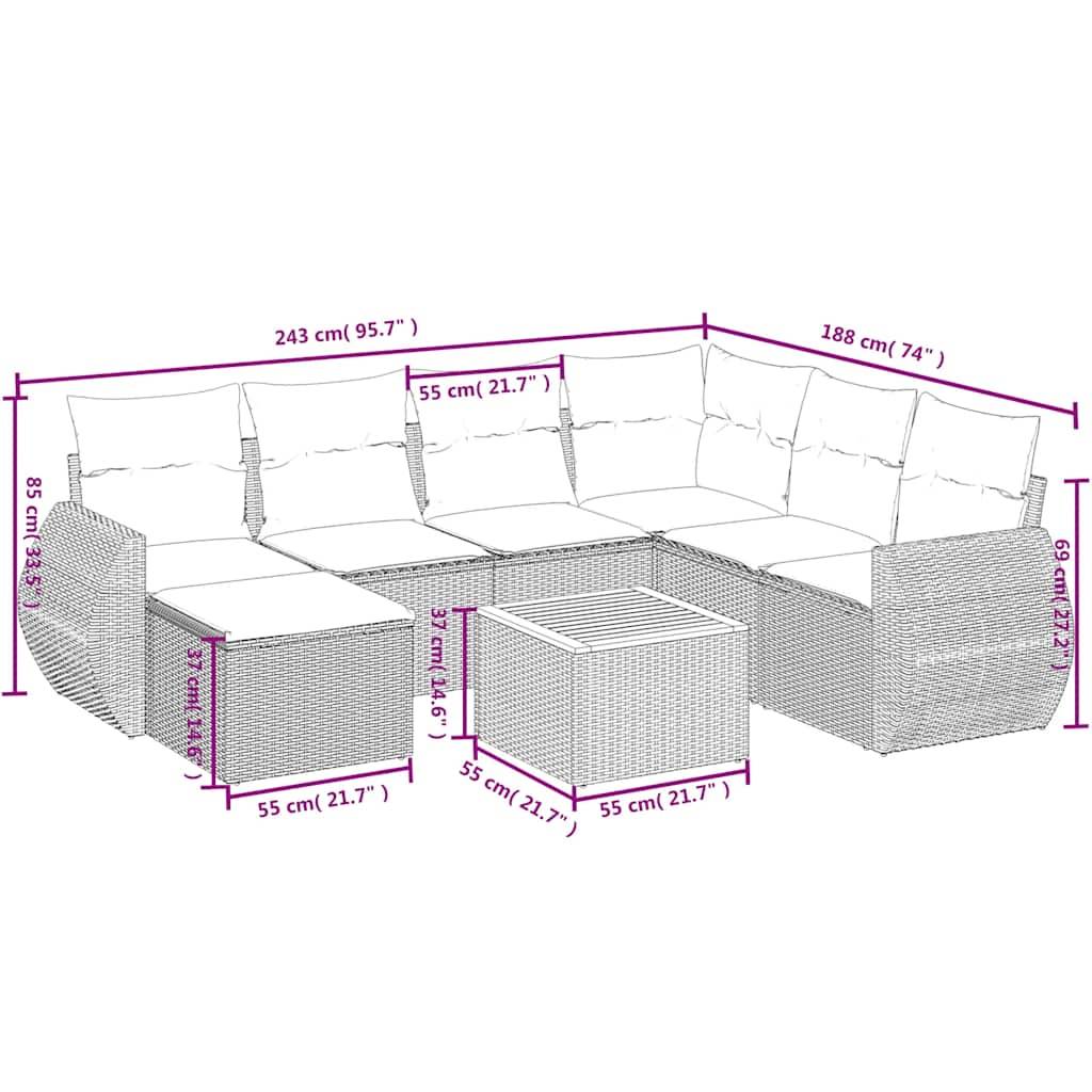 vidaXL 8-teiliges Gartensofa-Set mit Kissen, schwarzes Polyrattan