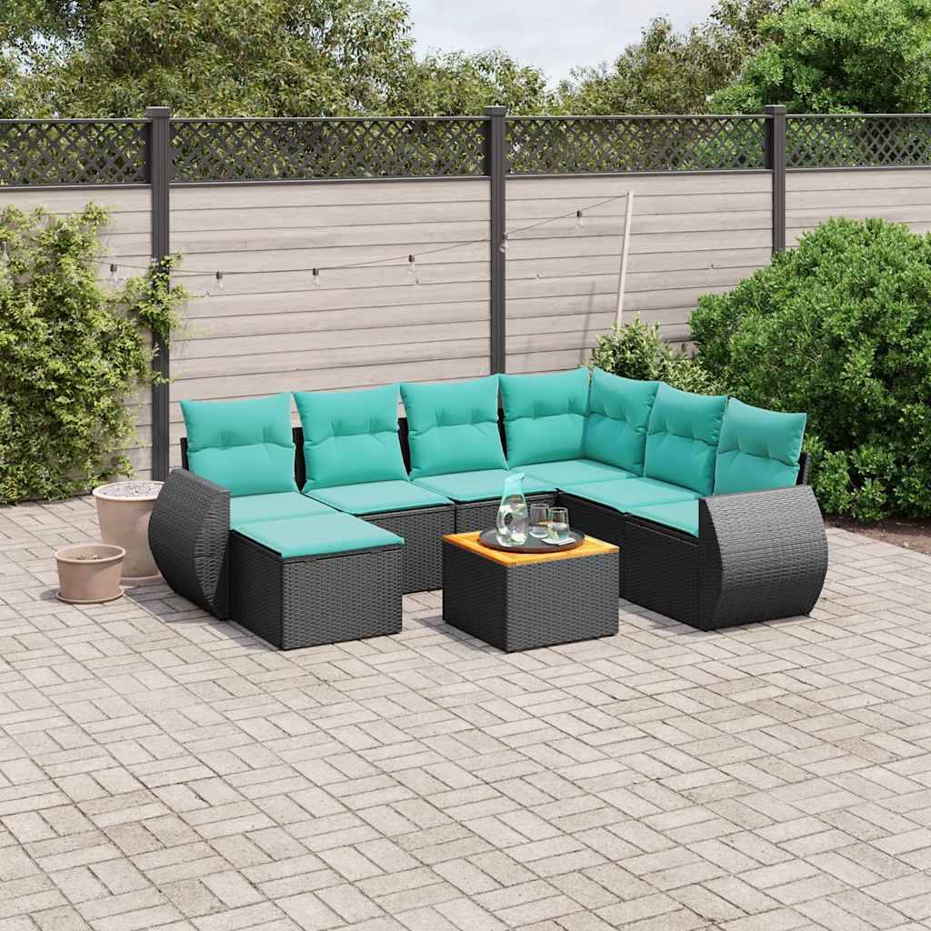 vidaXL 8-teiliges Gartensofa-Set mit Kissen, schwarzes Polyrattan