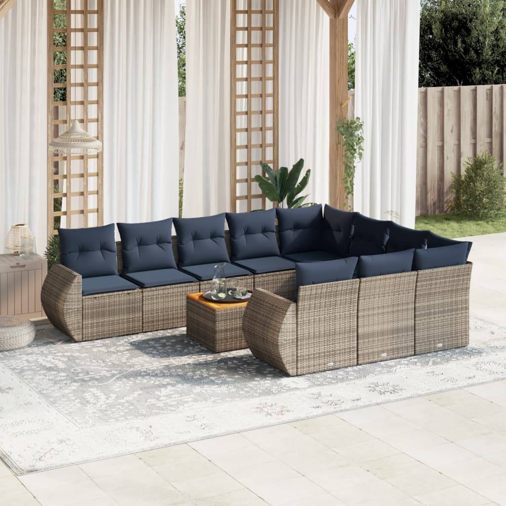 vidaXL 11-teiliges Gartensofa-Set mit Kissen, grau, Polyrattan