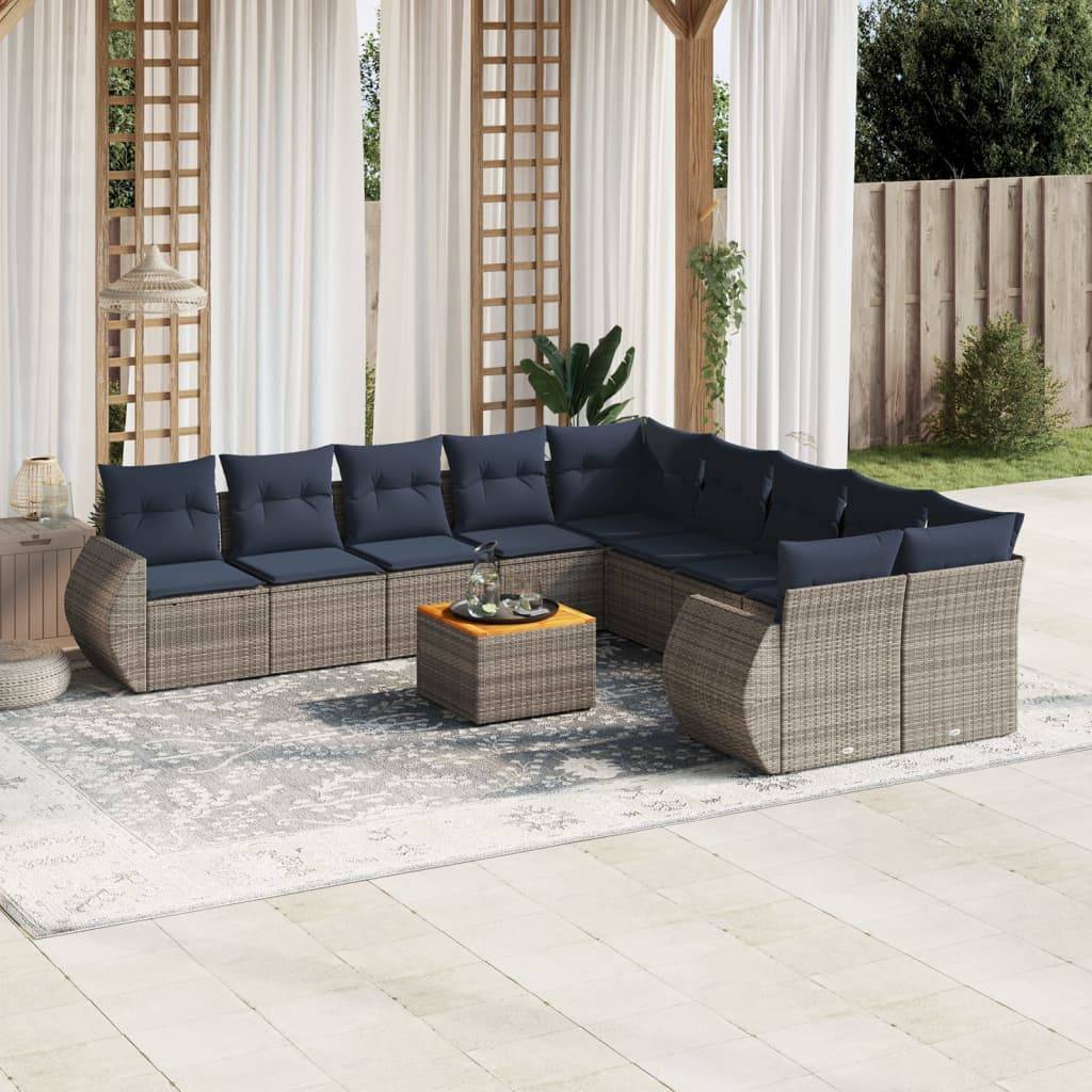 vidaXL 11-teiliges Gartensofa-Set mit Kissen, grau, Polyrattan