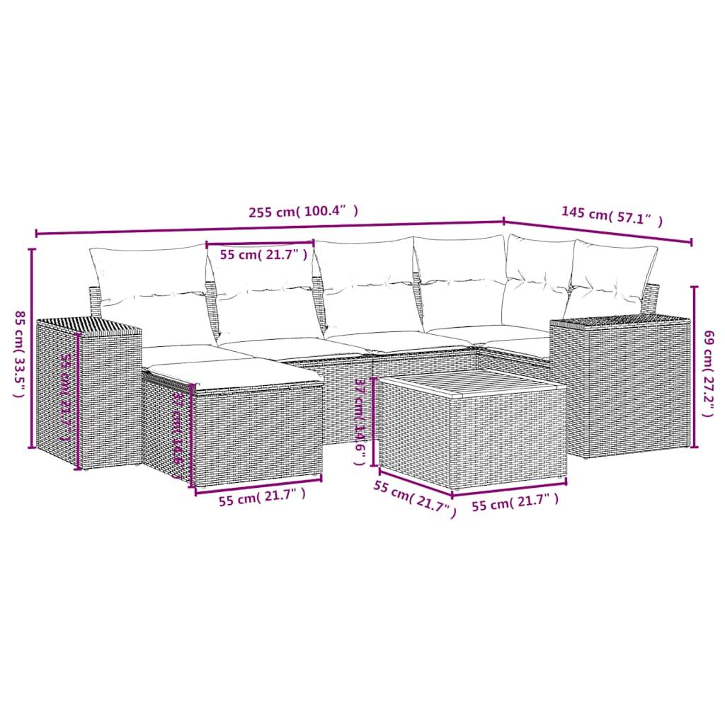 vidaXL 7-teiliges Gartensofa-Set mit Kissen, schwarzes Polyrattan