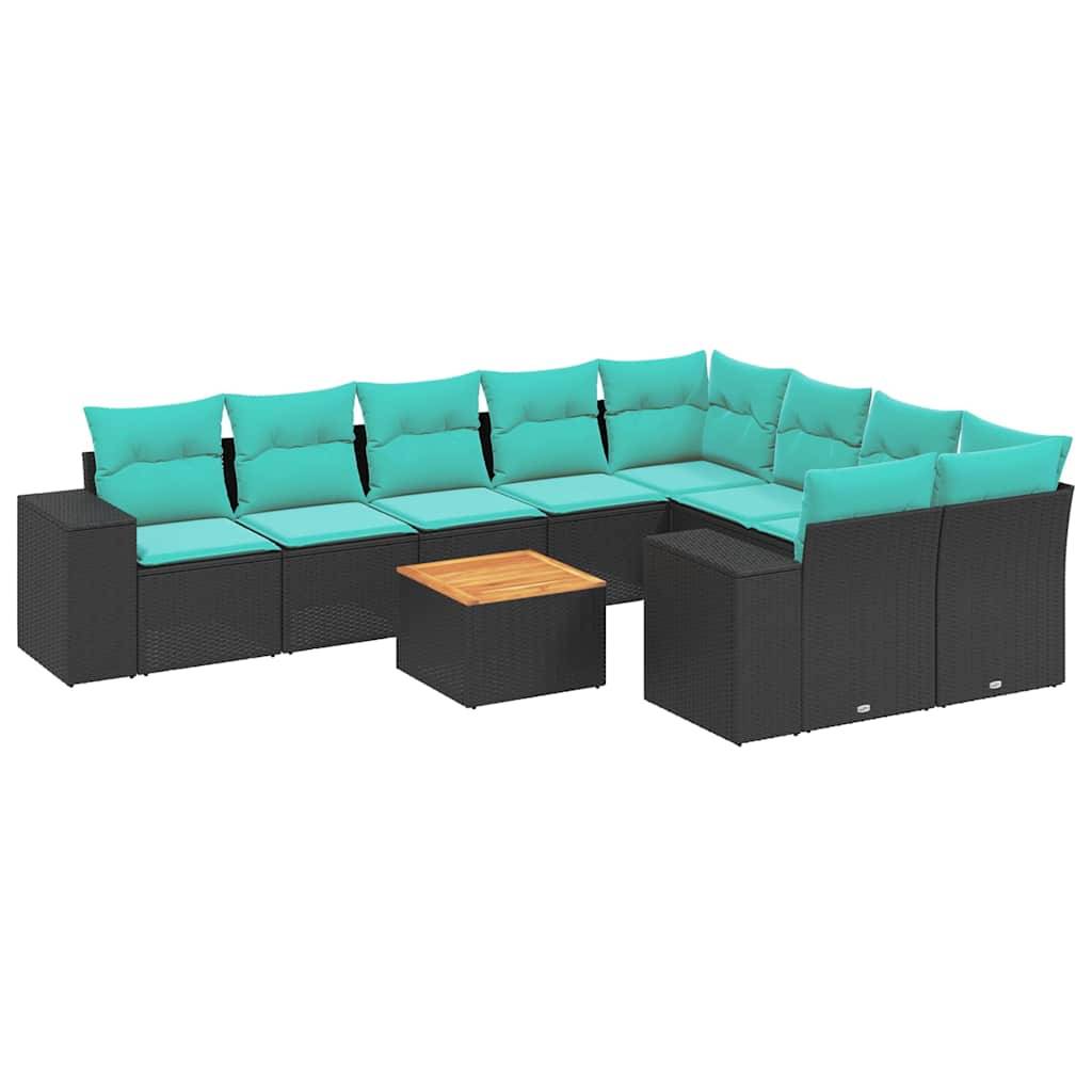 vidaXL 10-teiliges Gartensofa-Set mit Kissen, schwarzes Polyrattan