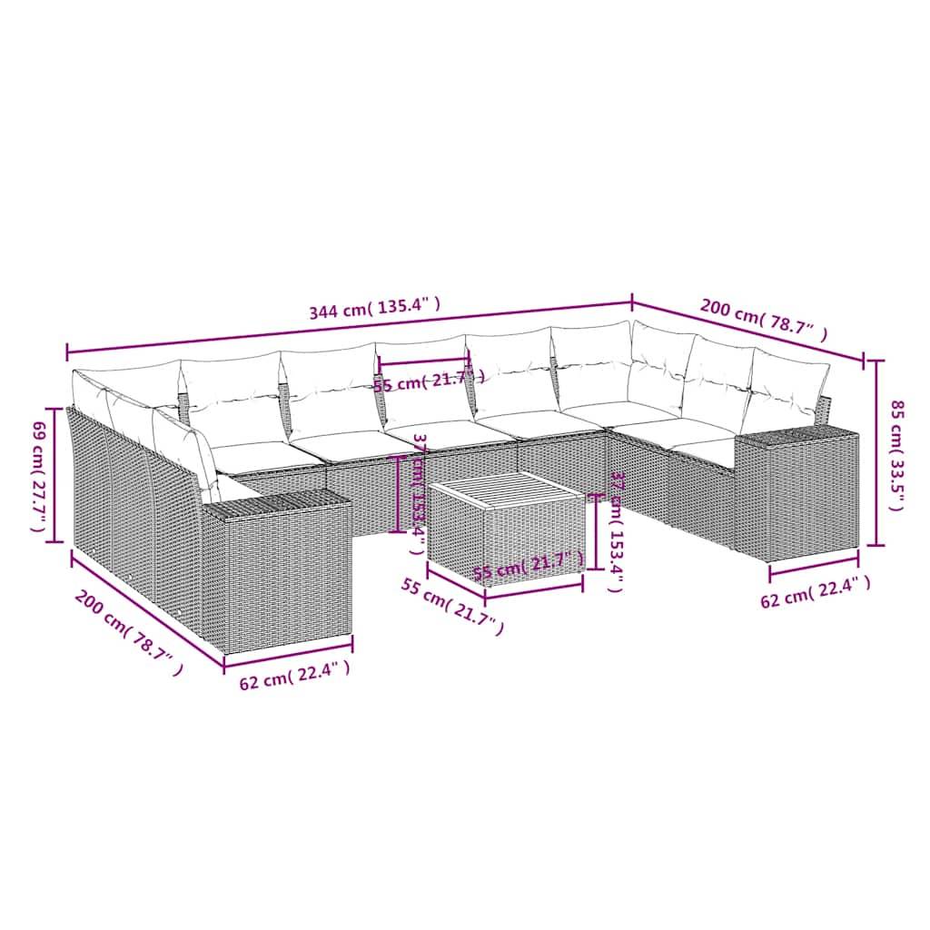 vidaXL 11-teiliges Gartensofa-Set mit Kissen, schwarzes Polyrattan