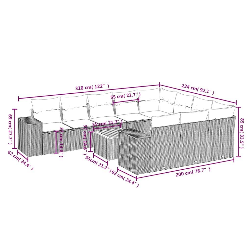 vidaXL 11-teiliges Gartensofa-Set mit Kissen, schwarzes Polyrattan