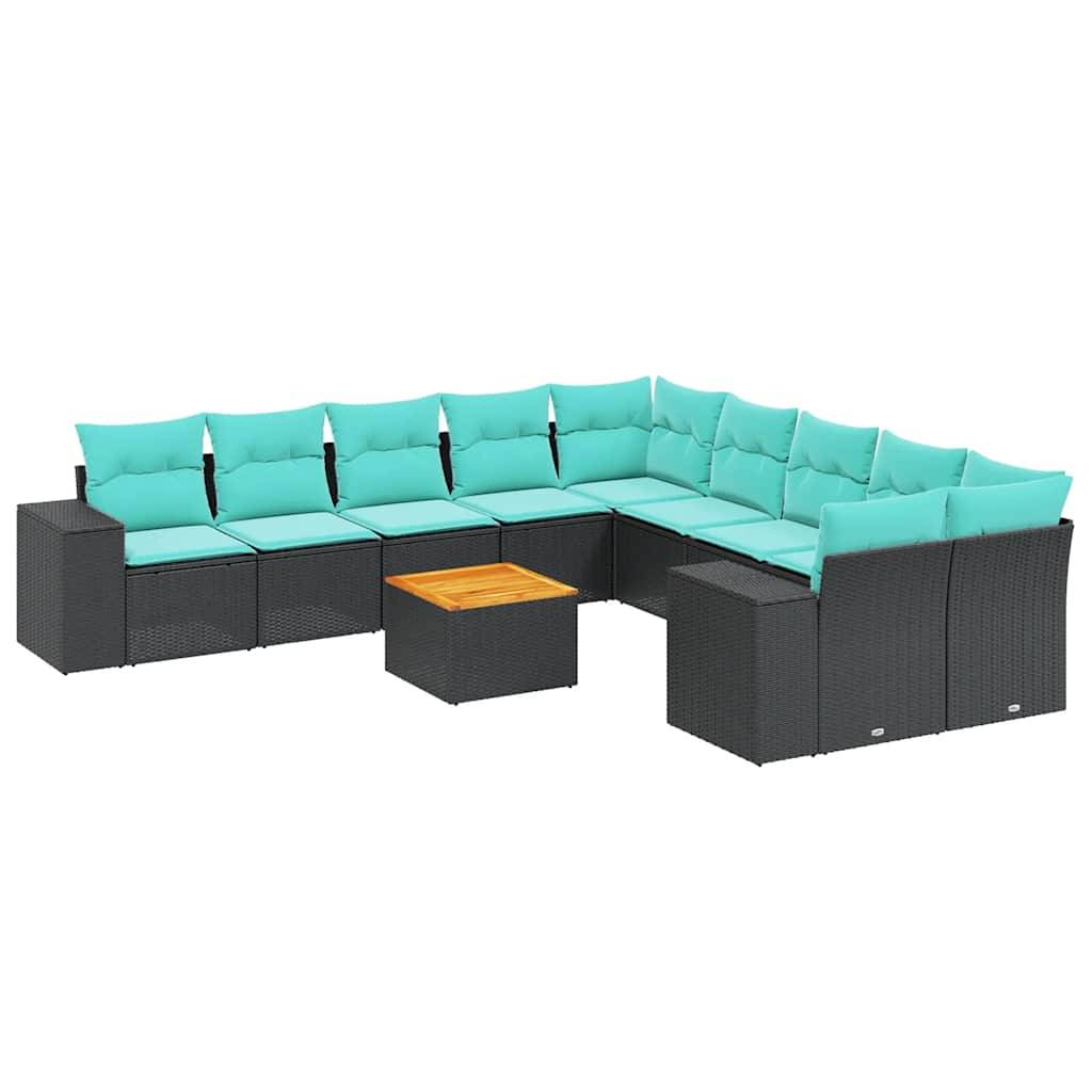 vidaXL 11-teiliges Gartensofa-Set mit Kissen, schwarzes Polyrattan
