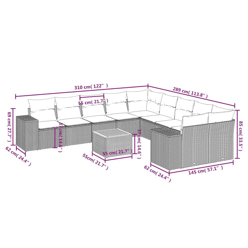 vidaXL 11-teiliges Gartensofa-Set mit Kissen, schwarzes Polyrattan