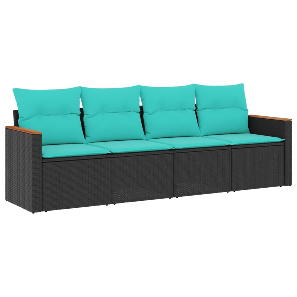 vidaXL 4-teiliges Gartensofa-Set mit Kissen, schwarzes Polyrattan