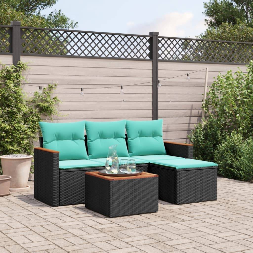 vidaXL 5-teiliges Gartensofa-Set mit Kissen, schwarzes Polyrattan