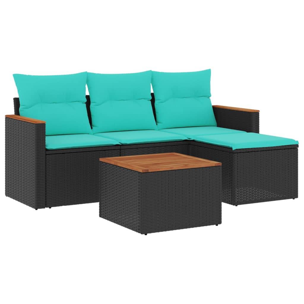 vidaXL 5-teiliges Gartensofa-Set mit Kissen, schwarzes Polyrattan