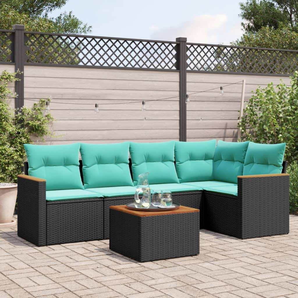 vidaXL 6-teiliges Gartensofa-Set mit Kissen, schwarzes Polyrattan