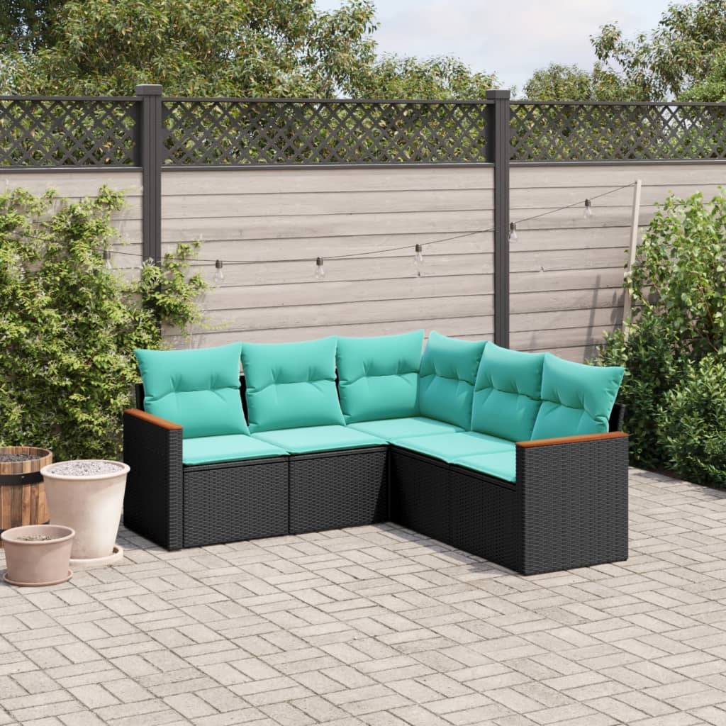 vidaXL 5-teiliges Gartensofa-Set mit Kissen, schwarzes Polyrattan
