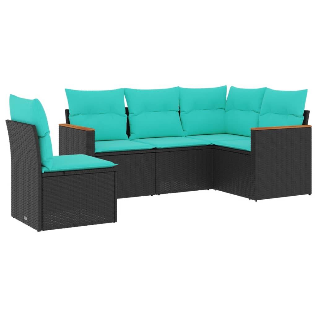 vidaXL 5-teiliges Gartensofa-Set mit Kissen, schwarzes Polyrattan